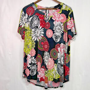 Floral Boho Tunic Top Womens 18/20W Black Pink Green Short Sleeve Stretch Blouse